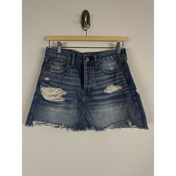 American Eagle Festival Mini Skirt‎ Button Fly Distressed Denim Women's Size 6 - Picture 2 of 12